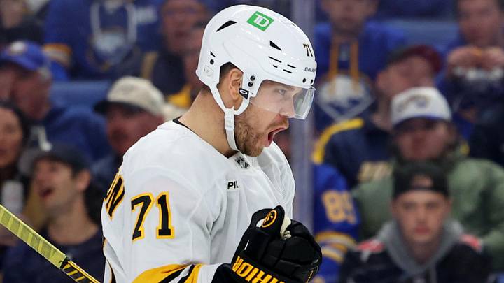 Apr 21, 2026; Buffalo, New York, USA; Boston Bruins left wing Viktor Arvidsson (71) reacts after scoring a goal during the third period against the Buffalo Sabres in game two of the first round of the 2026 Stanley Cup Playoffs at KeyBank Center. Mandatory Credit: Timothy T. Ludwig-Imagn Images
