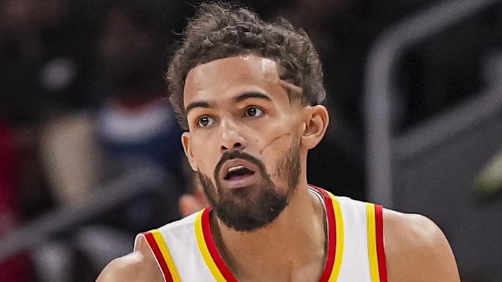 Trae Young #11 of the Atlanta Hawks dribbles against the Chicago Bulls.