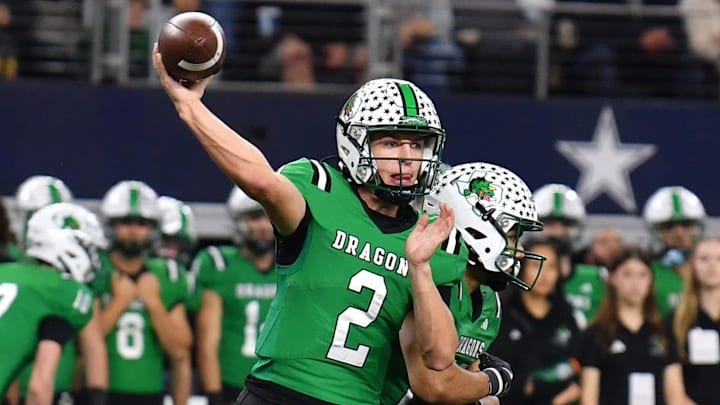 Southlake Carroll's Angelo Renda throws the ball during the 6A DII UIL Texas State Football Championship game against Austin Vandegrift on Saturday, December 21, 2024 at AT&T Stadium in Arlington. This week, Renda led the Dragons to another win. Southlake Carroll's Angelo Renda throws the ball during the 6A DII UIL Texas State Football Championship game against Austin Vandegrift on Saturday, December 21, 2024 at AT&T Stadium in Arlington. This week, Renda led the Dragons to another win.