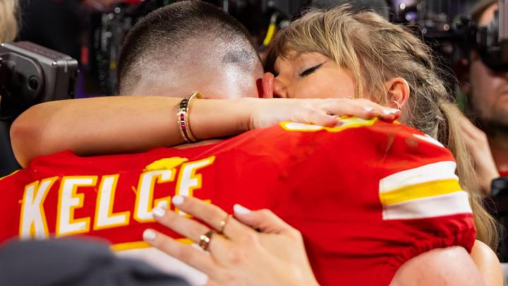 Feb 11, 2024; Paradise, Nevada, USA; Kansas City Chiefs tight end Travis Kelce (87) celebrates with girlfriend Taylor Swift after defeating the San Francisco 49ers in Super Bowl LVIII at Allegiant Stadium. Mandatory Credit: Mark J. Rebilas-Imagn Images