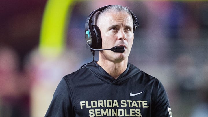 Florida State Seminoles head coach Mike Norvell walks down the field. The Miami Hurricanes lead the Florida State Seminoles 14-3 at the half on Saturday, Oct. 4, 2025. Florida State Seminoles head coach Mike Norvell walks down the field. The Miami Hurricanes lead the Florida State Seminoles 14-3 at the half on Saturday, Oct. 4, 2025.