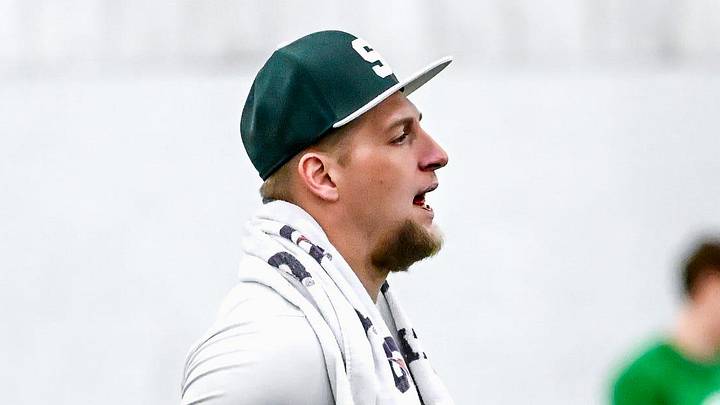 Michigan State's co-defensive coordinator/linebackers coach Max Bullough instructs players during spring football practice on Tuesday, March 24, 2026, in East Lansing.