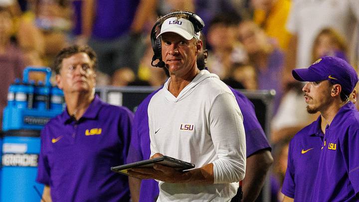 LSU Tigers head coach Lane Kiffin looks on against Louisiana Tech Bulldogs during the second half at Tiger Stadium. LSU Tigers head coach Lane Kiffin looks on against Louisiana Tech Bulldogs during the second half at Tiger Stadium.
