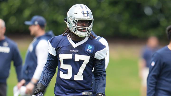 Dallas Cowboys linebacker Malachi Lawrence goes through a drill during practice at the Ford Center at the Star 