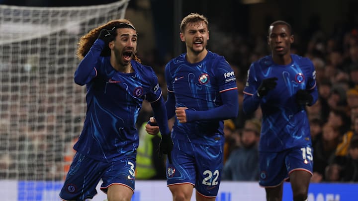 Marc Cucurella (left) celebrating Chelsea's second against Wolves after restoring the lead from close range. Marc Cucurella (left) celebrating Chelsea's second against Wolves after restoring the lead from close range.