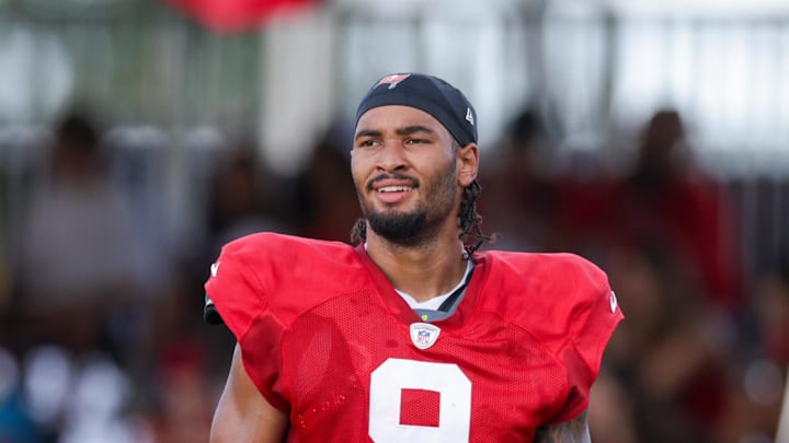 Jul 31, 2025; Tampa, FL, USA; Tampa Bay Buccaneers wide receiver Emeka Egbuka (9) participates in training camp at AdventHealth Training Center. Mandatory Credit: Nathan Ray Seebeck-Imagn Images