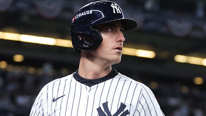 Oct 1, 2025; Bronx, New York, USA; New York Yankees left fielder Cody Bellinger (35) reacts after flying out during the third inning against the Boston Red Sox during game two of the Wildcard round for the 2025 MLB playoffs at Yankee Stadium. Mandatory Credit: Brad Penner-Imagn Images Oct 1, 2025; Bronx, New York, USA; New York Yankees left fielder Cody Bellinger (35) reacts after flying out during the third inning against the Boston Red Sox during game two of the Wildcard round for the 2025 MLB playoffs at Yankee Stadium. Mandatory Credit: Brad Penner-Imagn Images