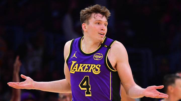 Nov 19, 2024; Los Angeles, California, USA; Los Angeles Lakers guard Dalton Knecht (4) react after scoring a three point basket against the Utah Jazz during the second half at Crypto.com Arena. Mandatory Credit: Gary A. Vasquez-Imagn Images Nov 19, 2024; Los Angeles, California, USA; Los Angeles Lakers guard Dalton Knecht (4) react after scoring a three point basket against the Utah Jazz during the second half at Crypto.com Arena. Mandatory Credit: Gary A. Vasquez-Imagn Images