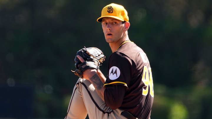 Feb 23, 2025; Phoenix, Arizona, USA; San Diego Padres pitcher Braden Nett (96) pitches against the Los Angeles Dodgers during the first inning at Camelback Ranch-Glendale. Mandatory Credit: Joe Camporeale-Imagn Images