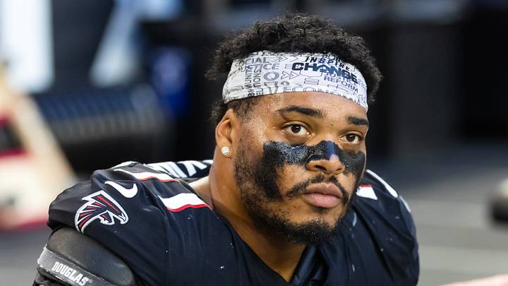 Dec 21, 2025; Glendale, Arizona, USA; Atlanta Falcons offensive lineman Elijah Wilkinson (71) against the Arizona Cardinals at State Farm Stadium. Mandatory Credit: Mark J. Rebilas-Imagn Images Dec 21, 2025; Glendale, Arizona, USA; Atlanta Falcons offensive lineman Elijah Wilkinson (71) against the Arizona Cardinals at State Farm Stadium. Mandatory Credit: Mark J. Rebilas-Imagn Images