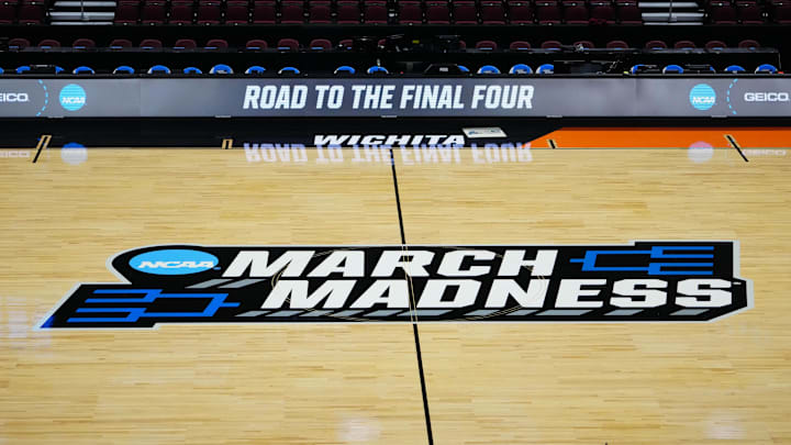 The March Madness logo at midcourt at the Intrust Bank Arena. Mandatory Credit: Kirby Lee-Imagn Images