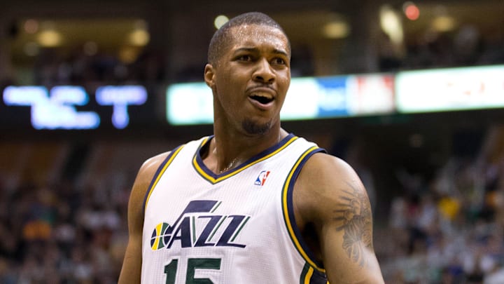 Jan 26, 2013; Salt Lake City, UT, USA; Utah Jazz power forward Derrick Favors (15) reacts to a call during the first half against the Indiana Pacers at EnergySolutions Arena. Mandatory Credit: Russ Isabella-Imagn Images