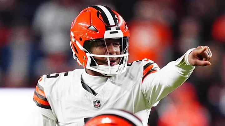 Dec 2, 2024; Denver, Colorado, USA; Cleveland Browns quarterback Jameis Winston (5) calls out in the second quarter against the Denver Broncos at Empower Field at Mile High. Mandatory Credit: Ron Chenoy-Imagn Images