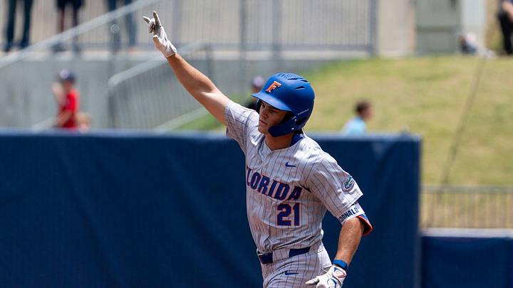 Florida Gators' Caden McDonald (21) celebrates his home run as Georgia Bulldogs take on Florida Gators during the SEC baseball tournament at Hoover Metropolitan Stadium in Hoover, Ala. on Saturday, May 23, 2026.
