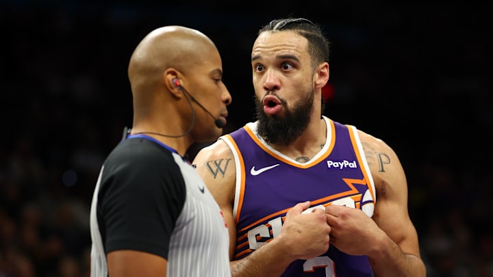 Jan 27, 2026; Phoenix, Arizona, USA; Phoenix Suns forward Dillon Brooks (3) talks to a referee against the Brooklyn Nets in the second half at Mortgage Matchup Center. Mandatory Credit: Mark J. Rebilas-Imagn Images