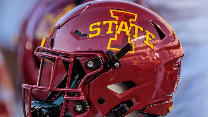 Nov 9, 2024; Kansas City, Missouri, USA; Iowa State Cyclones helmets on the bench during the first quarter against the Kansas Jayhawks at GEHA Field at Arrowhead Stadium. 