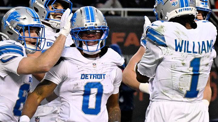 Jan 4, 2026; Chicago, Illinois, USA; Detroit Lions running back Jahmyr Gibbs (0) celebrates with teammates including Jameson Williams after scoring a touchdown against the Chicago Bears. Jan 4, 2026; Chicago, Illinois, USA; Detroit Lions running back Jahmyr Gibbs (0) celebrates with teammates including Jameson Williams after scoring a touchdown against the Chicago Bears.