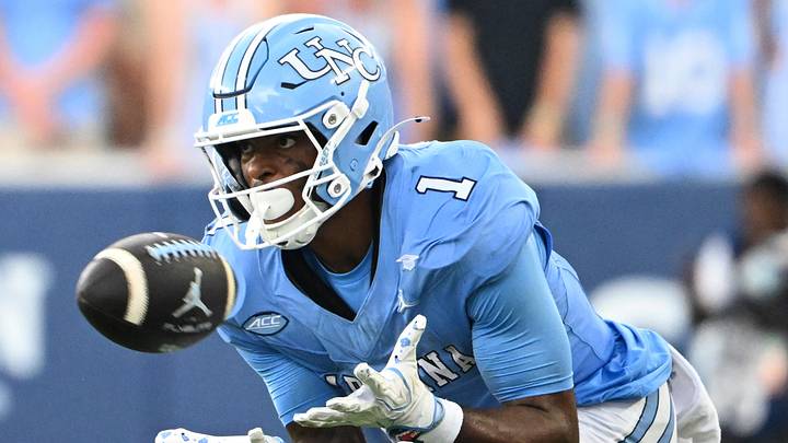 Sep 12, 2026; Chapel Hill, North Carolina, USA; North Carolina Tar Heels wide receiver Jordan Shipp (1) attempts to catch the ball in the third quarter at Kenan Stadium. Mandatory Credit: Bob Donnan-Imagn Images