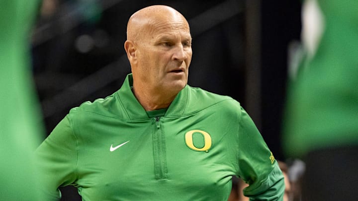 Oregon head coach Kelly Graves looks on as the Oregon Ducks host the Western Oregon Wolves in an exhibition game at Matthew Knight Arena in Eugene on Oct. 30, 2025.