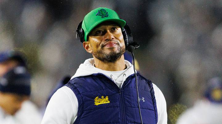 Notre Dame head coach Marcus Freeman looks on during the first half of a NCAA football game against Navy at Notre Dame Stadium on Saturday, Nov. 8, 2025, in South Bend.
