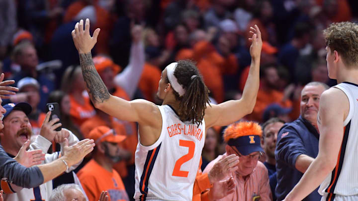 Dec 10, 2024; Champaign, Illinois, USA;  Illinois Fighting Illini guard Dra Gibbs-Lawhorn (2) gestures towards the fans after scoring during the second half against the Wisconsin Badgers  at State Farm Center. Mandatory Credit: Ron Johnson-Imagn Images