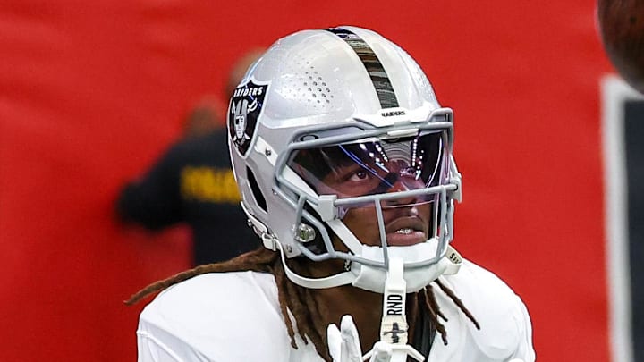 Dec 21, 2025; Houston, Texas, USA;  Las Vegas Raiders wide receiver Dont'E Thornton Jr. (10) warms up before playing against the Houston Texans at NRG Stadium. Mandatory Credit: Thomas Shea-Imagn Images