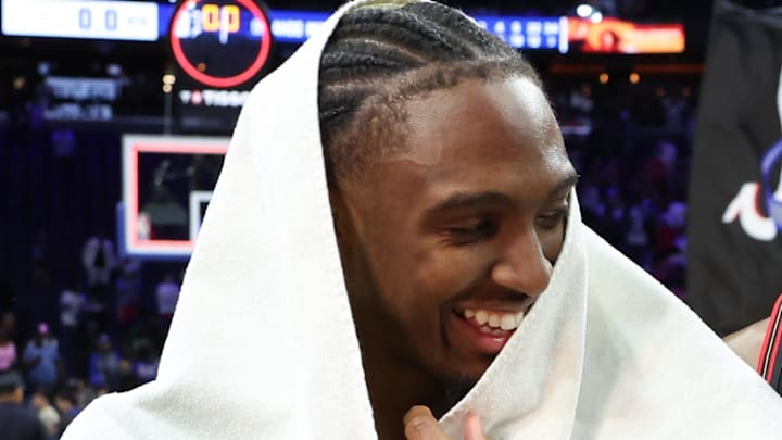 Apr 15, 2026; Philadelphia, Pennsylvania, USA; Philadelphia 76ers guard Tyrese Maxey (0) celebrates with guard Vj Edgecombe (77) after a win against the Orlando Magic in a play-in round of the 2026 NBA Playoffs at Xfinity Mobile Arena. Mandatory Credit: Bill Streicher-Imagn Images