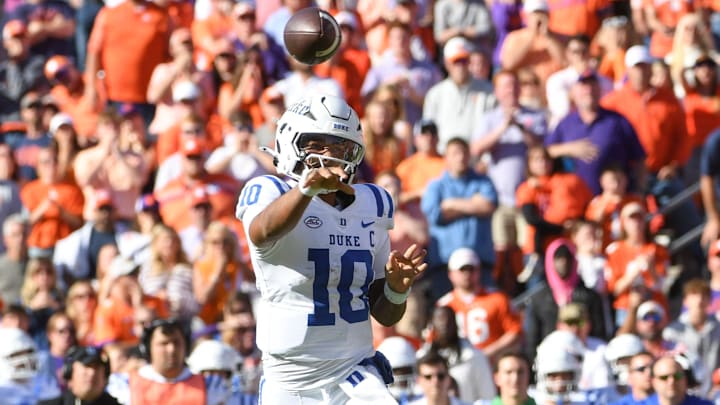 Duke Blue Devils quarterback Darian Mensah (10) throws the ball Saturday, Nov. 1, 2025, during the NCAA football game against the Clemson Tigers at Memorial Stadium in Clemson, South Carolina.