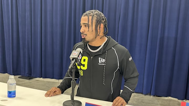 Texas A&M linebacker Taurean York speaks to the media at the 2026 NFL Combine.