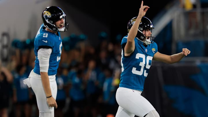 Jacksonville Jaguars place kicker Cam Little (39) celebrates his 70-year field goal with punter Logan Cooke (9) during the second quarter of an NFL preseason matchup at EverBank Stadium, Saturday, Aug. 9, 2025 in Jacksonville, Fla. [Corey Perrine/Florida Times-Union]