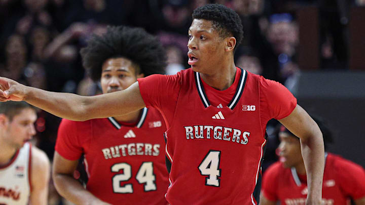 Feb 5, 2025; Piscataway, New Jersey, USA; Rutgers Scarlet Knights guard Ace Bailey (4) reacts after basket against the Illinois Fighting Illini during the first half at Jersey Mike's Arena. Mandatory Credit: Vincent Carchietta-Imagn Images
