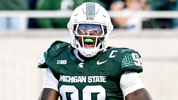 Michigan State's Quindarius Dunnigan celebrates a sack against Western Michigan during the second quarter on Friday, Aug. 29, 2025, in East Lansing.
