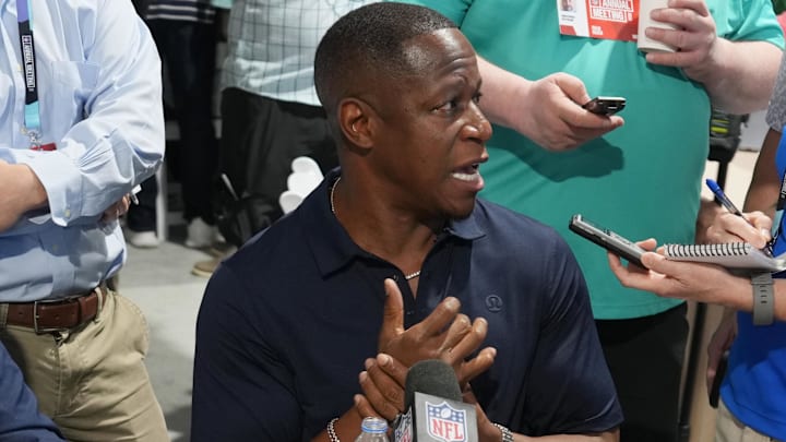 Atlanta Falcons head coach Raheem Morris answers questions from the media during the NFL League Meeting at The Breakers.