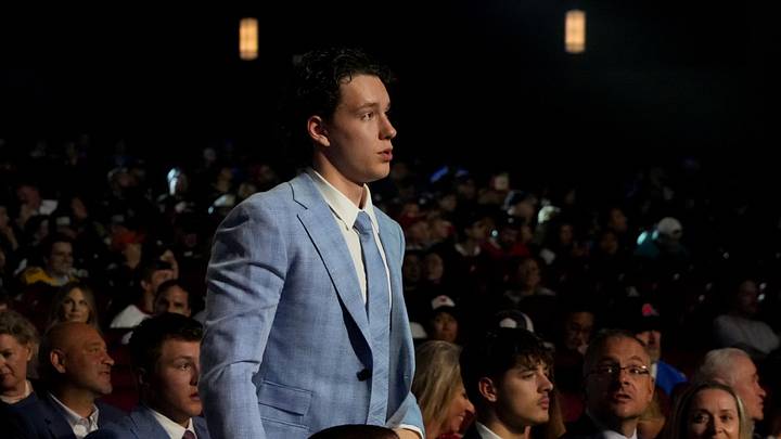 Jun 27, 2025; Los Angeles, California, USA; Cameron Reid is selected as the 21st overall pick to the Nashville Predators in the first round of the 2025 NHL Draft at Peacock Theater. Mandatory Credit: Kirby Lee-Imagn Images