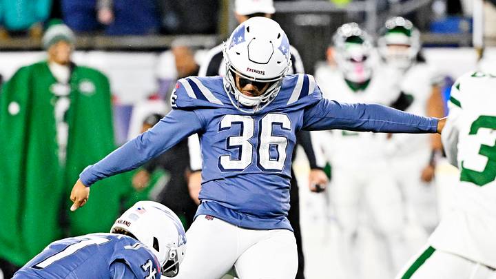 Nov 13, 2025; Foxborough, Massachusetts, USA; New England Patriots place kicker Andy Borregales (36) punts the ball during the second half against the New York Jets at Gillette Stadium. Mandatory Credit: Eric Canha-Imagn Images Nov 13, 2025; Foxborough, Massachusetts, USA; New England Patriots place kicker Andy Borregales (36) punts the ball during the second half against the New York Jets at Gillette Stadium. Mandatory Credit: Eric Canha-Imagn Images