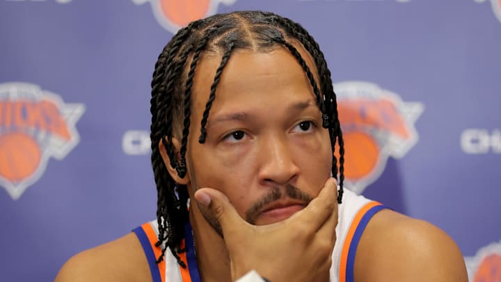 New York Knicks guard Jalen Brunson speaks to the media during a media day press conference.