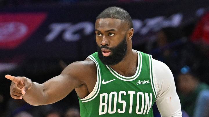 Boston Celtics guard Jaylen Brown (7) reacts after making a three point basket against the Philadelphia 76ers during the second half at Xfinity Mobile Arena. Boston Celtics guard Jaylen Brown (7) reacts after making a three point basket against the Philadelphia 76ers during the second half at Xfinity Mobile Arena.