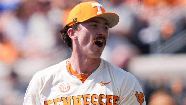 Tennessee's Evan Blanco (11) celebrates after striking out a batter during the NCAA college baseball game against the Missouri Tigers on Mar. 22, 2026, in Knoxville, Tennessee. Blanco struck out five and allowed only one run on four hits over 7 2/3 innings.