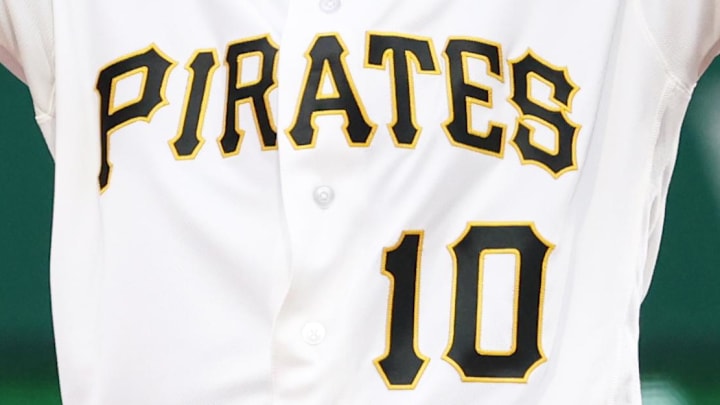 Apr 4, 2026; Pittsburgh, Pennsylvania, USA;  Pittsburgh Pirates left fielder Bryan Reynolds (10) reacts at second base with a double against the Baltimore Orioles during the ninth inning at PNC Park. Mandatory Credit: Charles LeClaire-Imagn Images