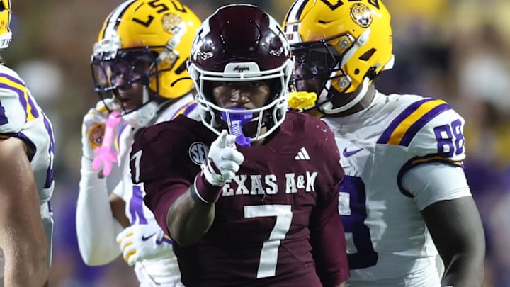 Texas A&M Aggies WR KC Concepcion celebrates after a first down during the first half against the Louisiana State Tigers.