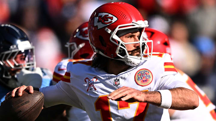 Dec 21, 2025; Nashville, Tennessee, USA; Kansas City Chiefs quarterback Gardner Minshew (17) throws during the first half against the Tennessee Titans at Nissan Stadium. Mandatory Credit: Steve Roberts-Imagn Images