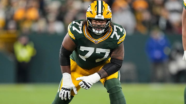 Nov 10, 2025; Green Bay, Wisconsin, USA;  Green Bay Packers offensive tackle Jordan Morgan (77) during the game against the Philadelphia Eagles at Lambeau Field.
