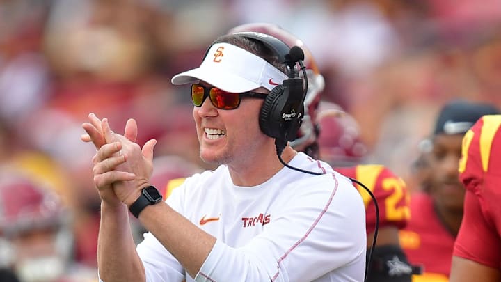 Nov 30, 2024; Los Angeles, California, USA; Southern California Trojans head coach Lincoln Riley watches game action against the Notre Dame Fighting Irish during the first half at the Los Angeles Memorial Coliseum. Mandatory Credit: Gary A. Vasquez-Imagn Images