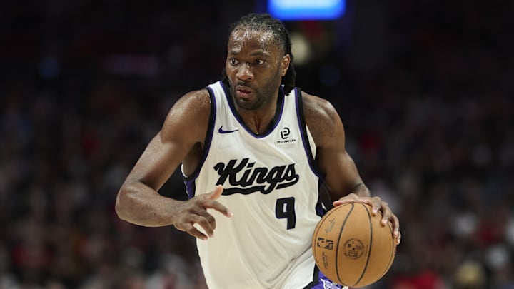 Apr 12, 2026; Portland, Oregon, USA; Sacramento Kings forward Precious Achiuwa (9) drives to the basket during the second half against the Portland Trail Blazers at Moda Center.