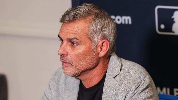 Dec 8, 2025; Orlando, FL, USA; Tampa Bay Rays manager Kevin Cash speaks with the media during the 2025 MLB Winter Meetings at Signia by Hilton Hotel. 