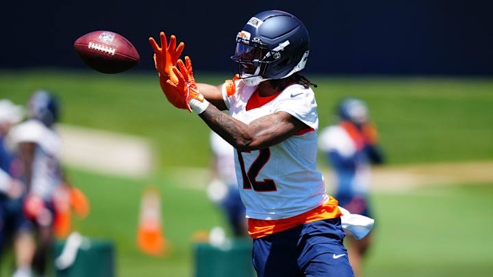 May 10, 2025; Englewood, CO, USA; Denver Broncos cornerback Jahdae Barron (12) during rookie minicamp at Broncos Park Powered by CommonSpirit. Mandatory Credit: Ron Chenoy-Imagn Images May 10, 2025; Englewood, CO, USA; Denver Broncos cornerback Jahdae Barron (12) during rookie minicamp at Broncos Park Powered by CommonSpirit. Mandatory Credit: Ron Chenoy-Imagn Images