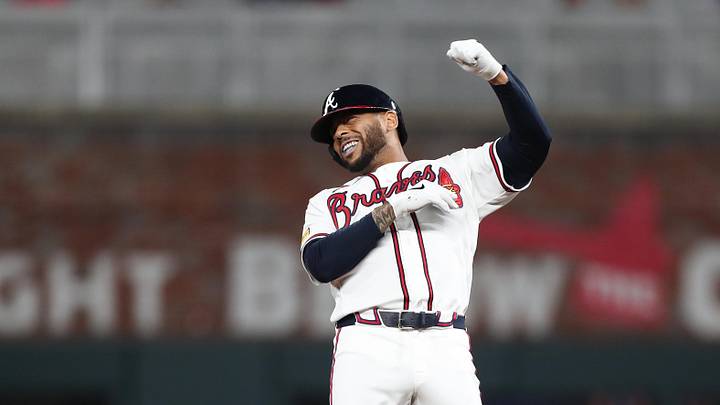 Apr 14, 2026; Cumberland, Georgia, USA; Atlanta Braves designated hitter Dominic Smith (8) reacts to his a three-run double against the Miami Marlins in the eight inning at Truist Park. Mandatory Credit: Mady Mertens-Imagn Images Apr 14, 2026; Cumberland, Georgia, USA; Atlanta Braves designated hitter Dominic Smith (8) reacts to his a three-run double against the Miami Marlins in the eight inning at Truist Park. Mandatory Credit: Mady Mertens-Imagn Images