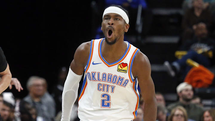 Nov 9, 2025; Memphis, Tennessee, USA; Oklahoma City Thunder guard Shai Gilgeous-Alexander (2) reacts after a three point basket during the fourth quarter against the Memphis Grizzlies at FedExForum. Mandatory Credit: Petre Thomas-Imagn Images