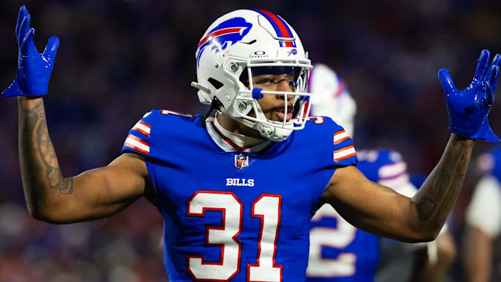 Jan 21, 2024; Orchard Park, New York, USA; Buffalo Bills cornerback Rasul Douglas (31) reacts against the Kansas City Chiefs in the 2024 AFC divisional round game at Highmark Stadium. Mandatory Credit: Mark J. Rebilas-Imagn Images