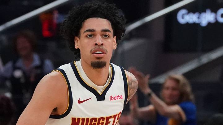 Feb 22, 2026; San Francisco, California, USA;  Denver Nuggets guard Julian Strawther (3) dribbles upcourt against the Golden State Warriors in the third quarter at Chase Center. Mandatory Credit: David Gonzales-Imagn Images